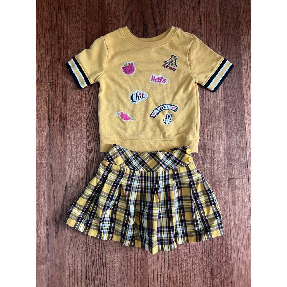 Garanimals Skort Set Toddler 3T Yellow Plaid Pleated Sweatshirt 2pc Outfit